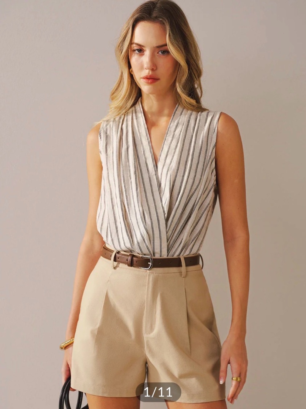 Commense cotton linen Striped Sleeveless Wrap Bodysuit